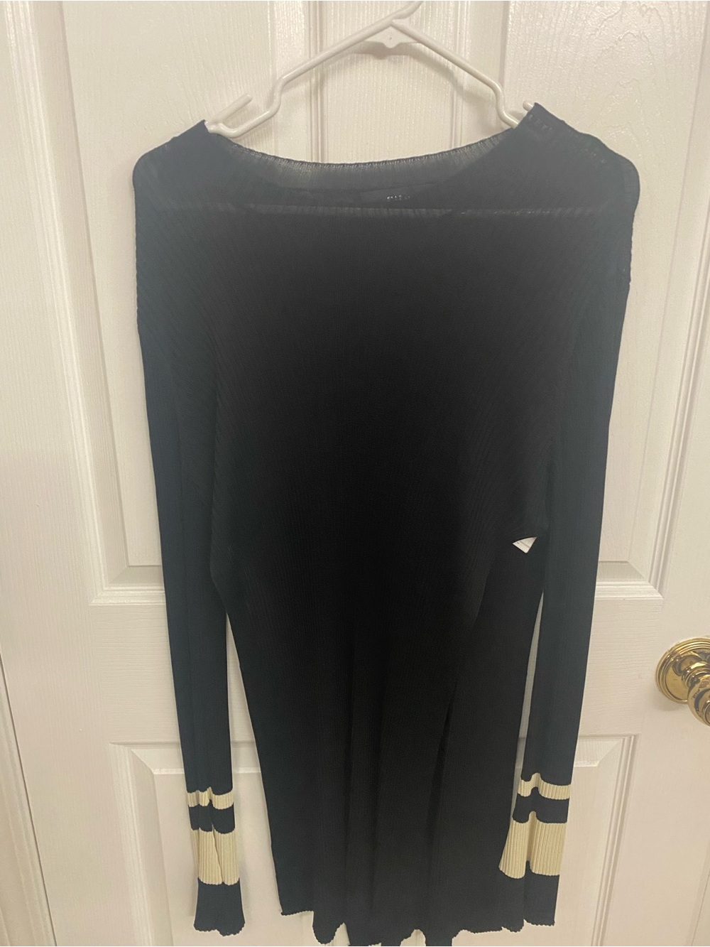 Ellery Black Ribbed Crewneck Sweater with Cream Cuff Stripes